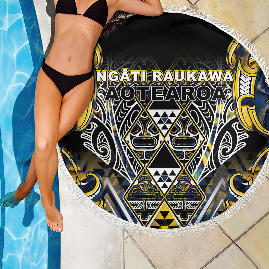Aotearoa Ngati Raukawa Beach Blanket Maori Tribal Yellow And Navy Paua Shell Pattern