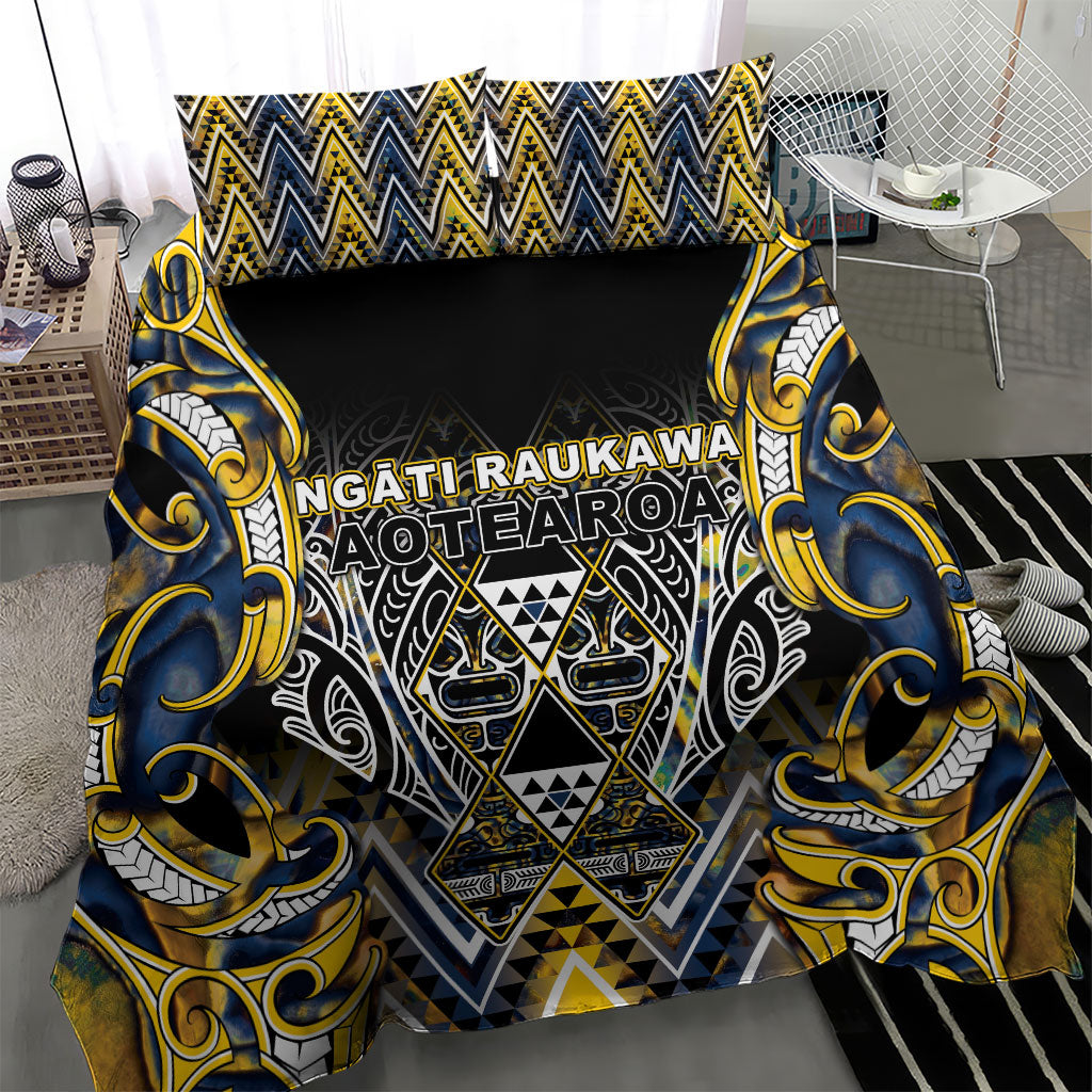 Aotearoa Ngati Raukawa Bedding Set Maori Tribal Yellow And Navy Paua Shell Pattern