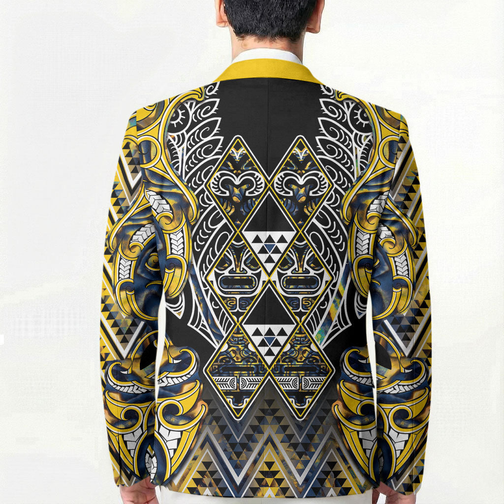 Aotearoa Ngati Raukawa Blazer Maori Tribal Yellow And Navy Paua Shell Pattern