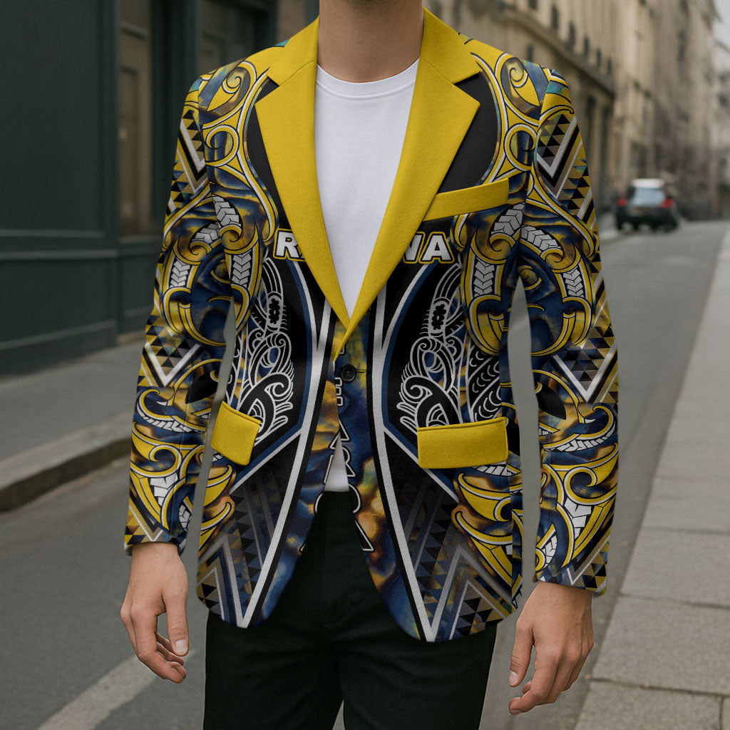 Aotearoa Ngati Raukawa Blazer Maori Tribal Yellow And Navy Paua Shell Pattern