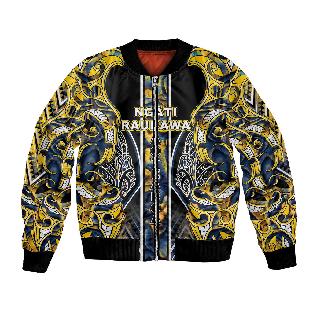 Aotearoa Ngati Raukawa Bomber Jacket Maori Tribal Yellow And Navy Paua Shell Pattern