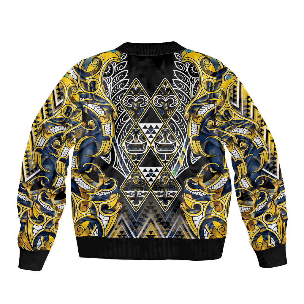 Aotearoa Ngati Raukawa Bomber Jacket Maori Tribal Yellow And Navy Paua Shell Pattern
