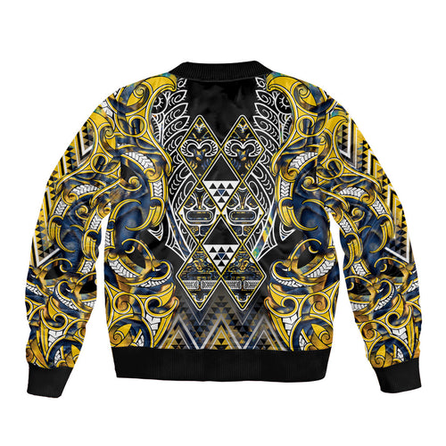 Aotearoa Ngati Raukawa Bomber Jacket Maori Tribal Yellow And Navy Paua Shell Pattern