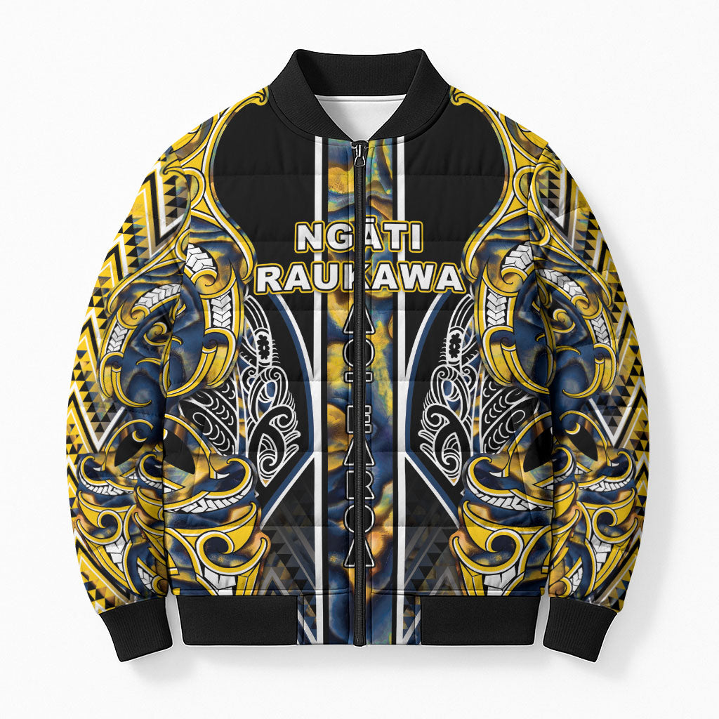 Aotearoa Ngati Raukawa Bomber Puffer Jacket Maori Tribal Yellow And Navy Paua Shell Pattern