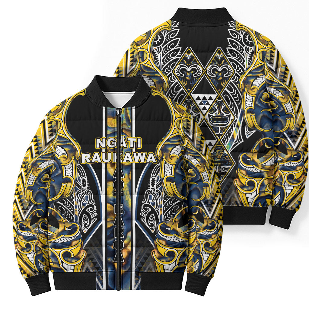 Aotearoa Ngati Raukawa Bomber Puffer Jacket Maori Tribal Yellow And Navy Paua Shell Pattern