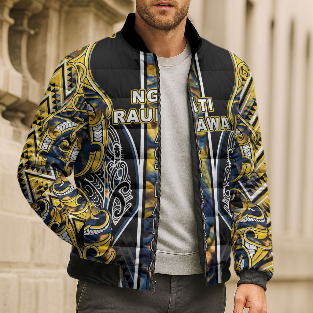 Aotearoa Ngati Raukawa Bomber Puffer Jacket Maori Tribal Yellow And Navy Paua Shell Pattern