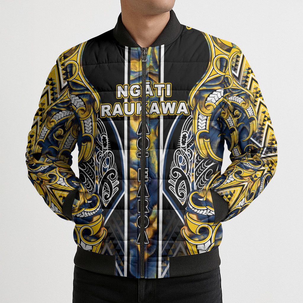 Aotearoa Ngati Raukawa Bomber Puffer Jacket Maori Tribal Yellow And Navy Paua Shell Pattern