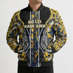 Aotearoa Ngati Raukawa Bomber Puffer Jacket Maori Tribal Yellow And Navy Paua Shell Pattern