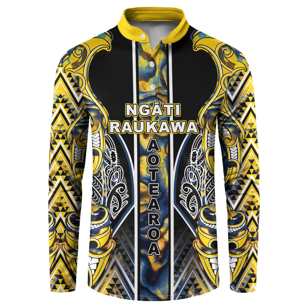Aotearoa Ngati Raukawa Button Sweatshirt Maori Tribal Yellow And Navy Paua Shell Pattern