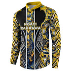 Aotearoa Ngati Raukawa Button Sweatshirt Maori Tribal Yellow And Navy Paua Shell Pattern
