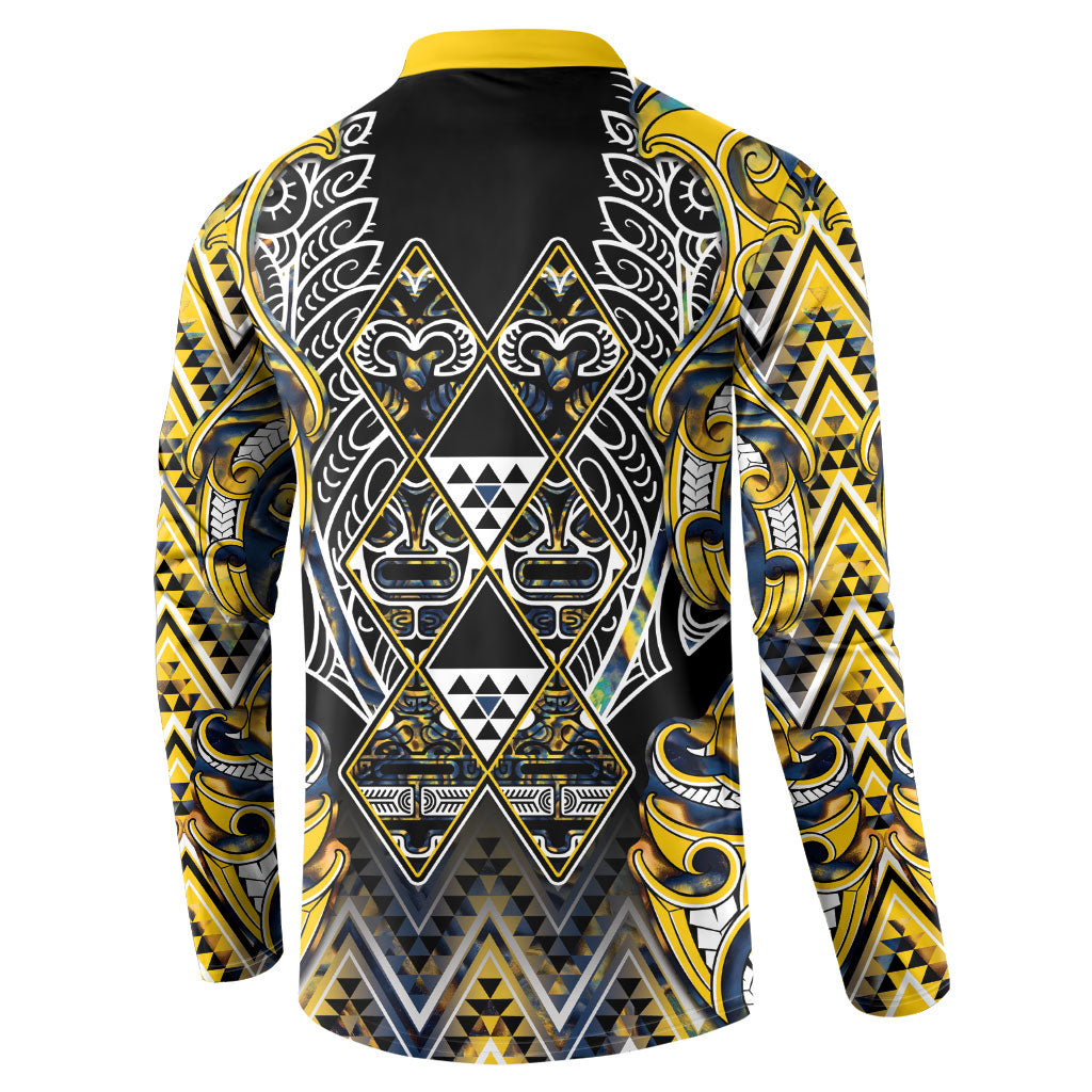 Aotearoa Ngati Raukawa Button Sweatshirt Maori Tribal Yellow And Navy Paua Shell Pattern
