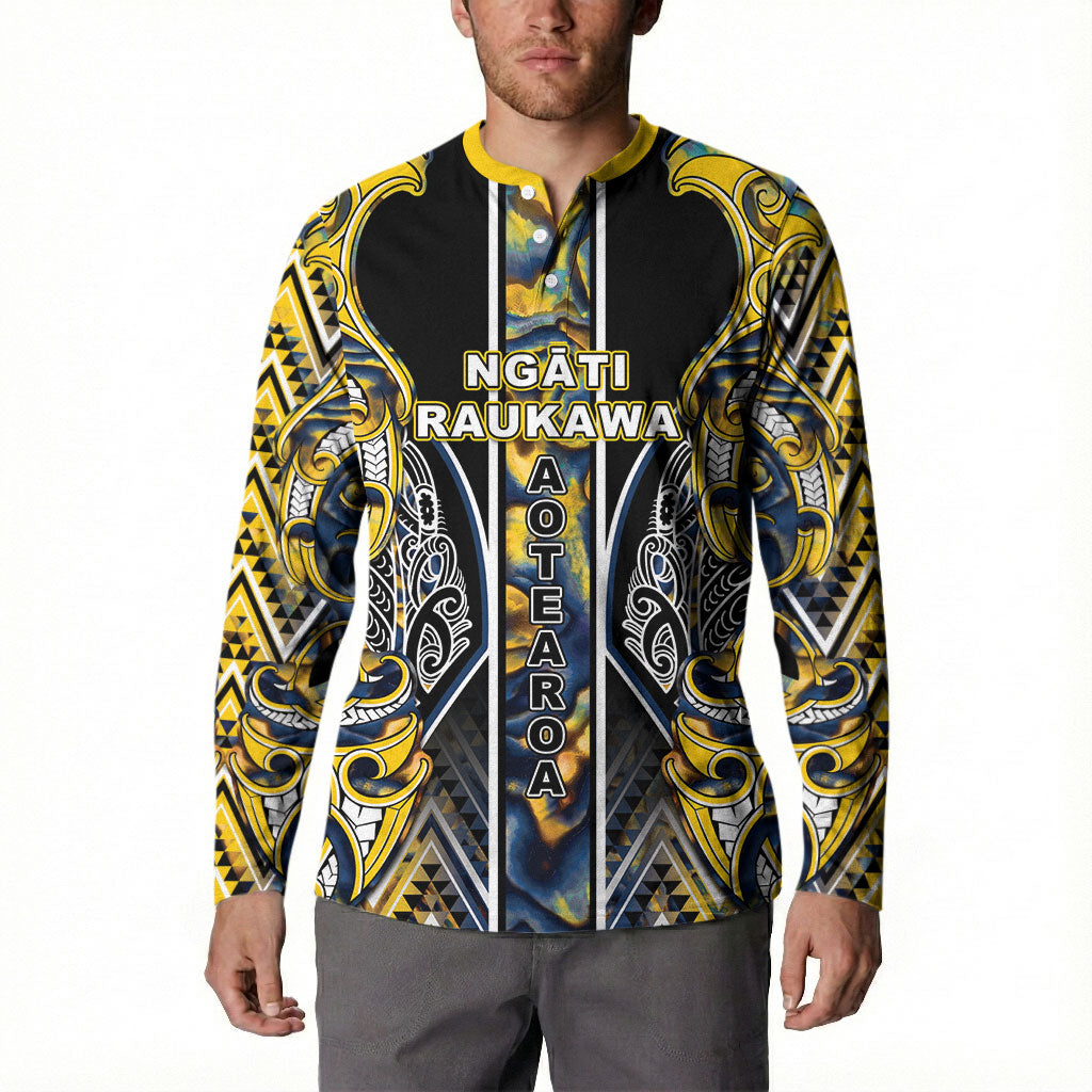 Aotearoa Ngati Raukawa Button Sweatshirt Maori Tribal Yellow And Navy Paua Shell Pattern