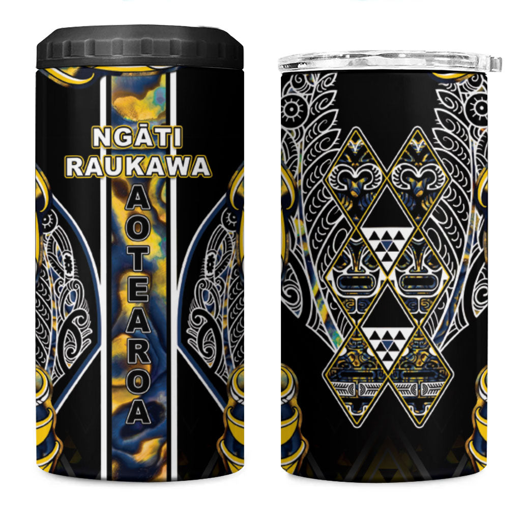 Aotearoa Ngati Raukawa 4 in 1 Can Cooler Tumbler Maori Tribal Yellow And Navy Paua Shell Pattern