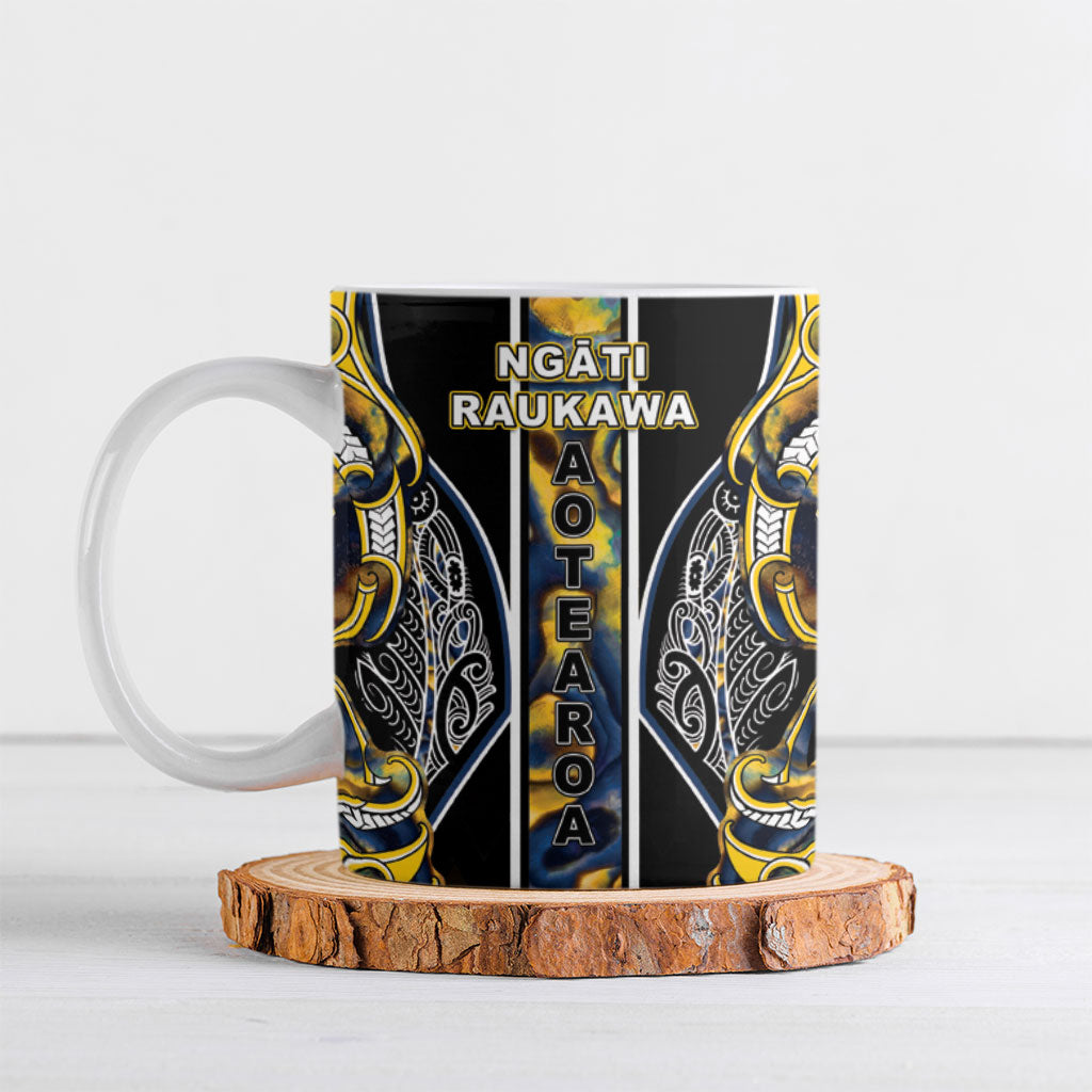 Aotearoa Ngati Raukawa Ceramic Mug Maori Tribal Yellow And Navy Paua Shell Pattern