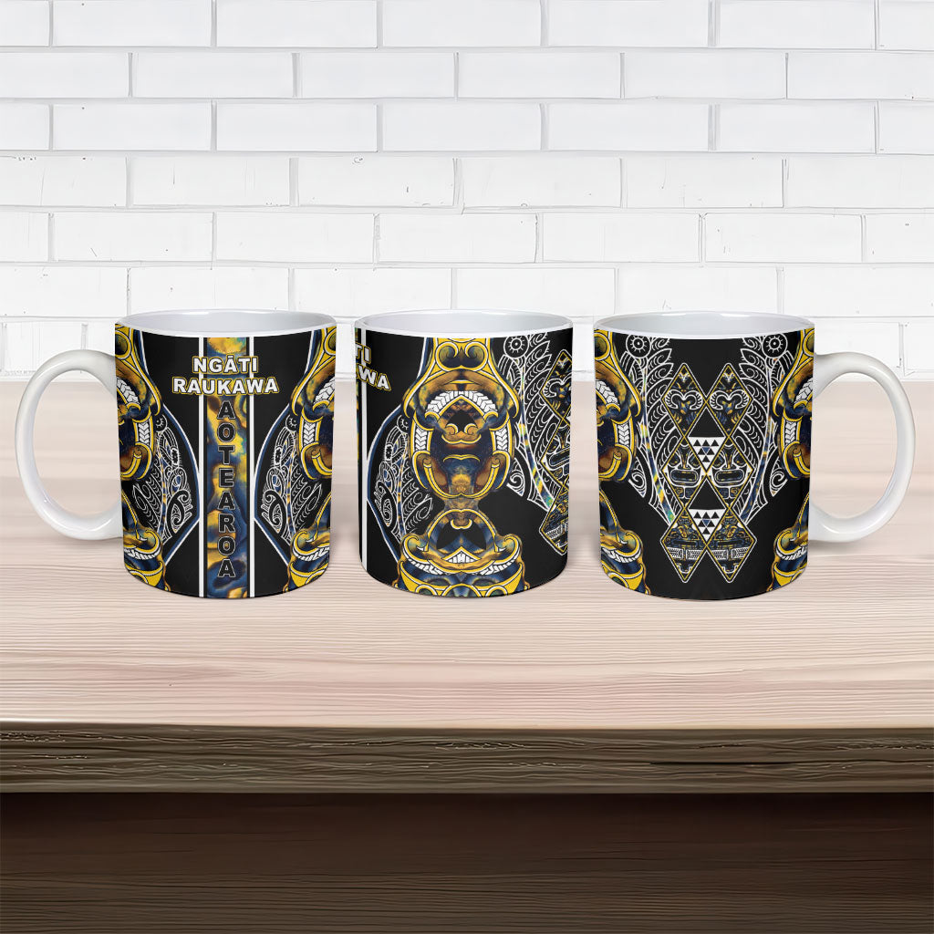 Aotearoa Ngati Raukawa Ceramic Mug Maori Tribal Yellow And Navy Paua Shell Pattern