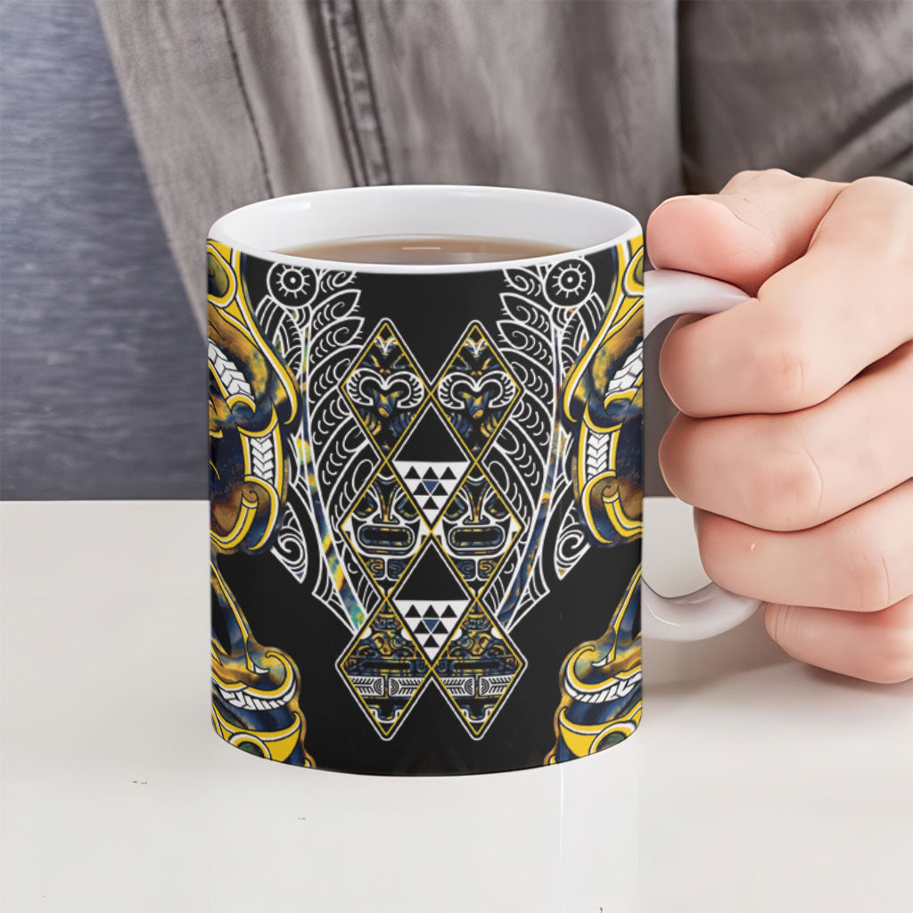 Aotearoa Ngati Raukawa Ceramic Mug Maori Tribal Yellow And Navy Paua Shell Pattern