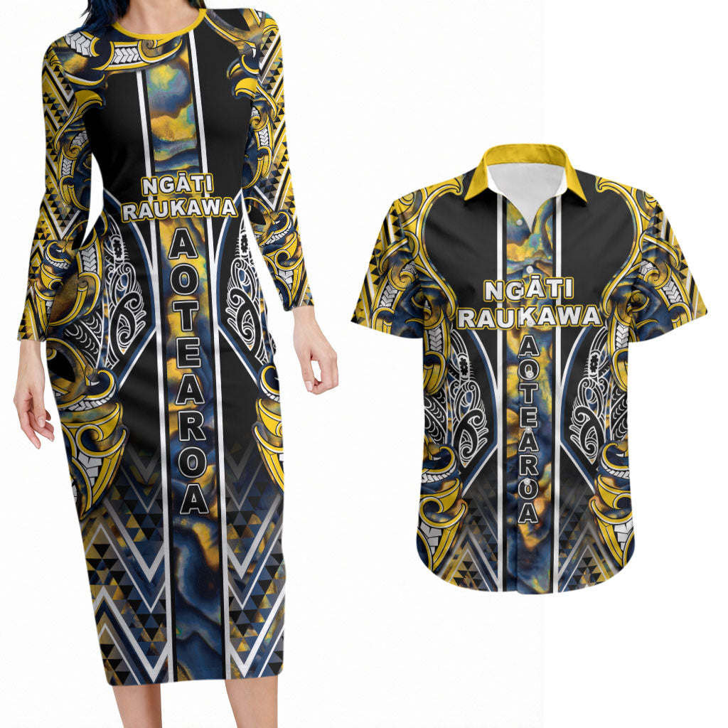 Aotearoa Ngati Raukawa Couples Matching Long Sleeve Bodycon Dress and Hawaiian Shirt Maori Tribal Yellow And Navy Paua Shell Pattern