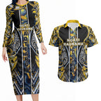 Aotearoa Ngati Raukawa Couples Matching Long Sleeve Bodycon Dress and Hawaiian Shirt Maori Tribal Yellow And Navy Paua Shell Pattern