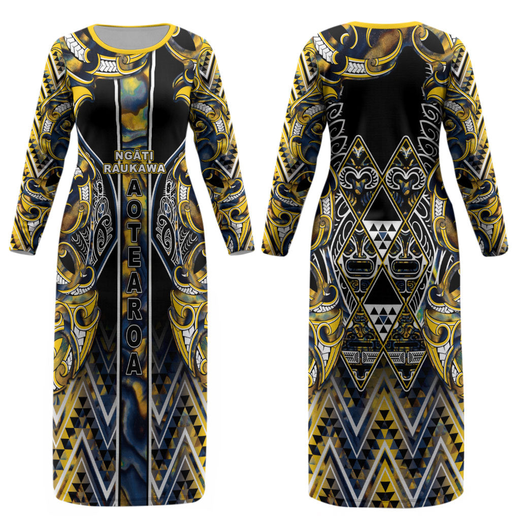 Aotearoa Ngati Raukawa Couples Matching Long Sleeve Bodycon Dress and Hawaiian Shirt Maori Tribal Yellow And Navy Paua Shell Pattern