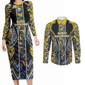 Aotearoa Ngati Raukawa Couples Matching Long Sleeve Bodycon Dress and Long Sleeve Button Shirt Maori Tribal Yellow And Navy Paua Shell Pattern