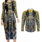 Aotearoa Ngati Raukawa Couples Matching Long Sleeve Bodycon Dress and Long Sleeve Button Shirt Maori Tribal Yellow And Navy Paua Shell Pattern