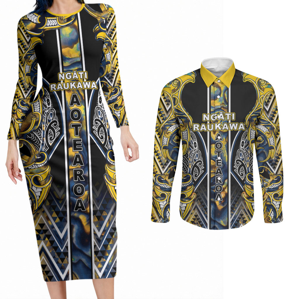 Aotearoa Ngati Raukawa Couples Matching Long Sleeve Bodycon Dress and Long Sleeve Button Shirt Maori Tribal Yellow And Navy Paua Shell Pattern