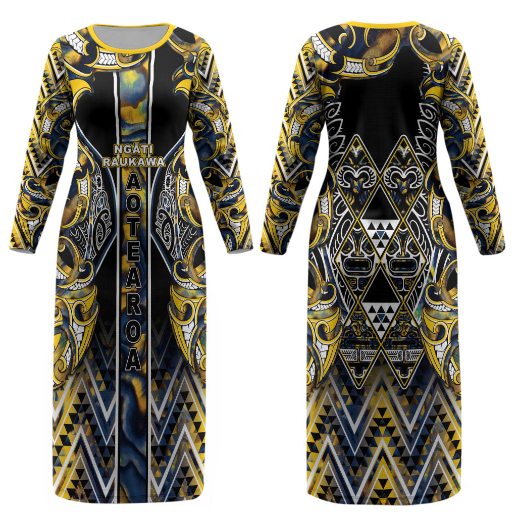 Aotearoa Ngati Raukawa Couples Matching Long Sleeve Bodycon Dress and Long Sleeve Button Shirt Maori Tribal Yellow And Navy Paua Shell Pattern
