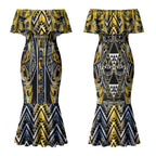 Aotearoa Ngati Raukawa Couples Matching Mermaid Dress and Hawaiian Shirt Maori Tribal Yellow And Navy Paua Shell Pattern
