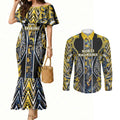 Aotearoa Ngati Raukawa Couples Matching Mermaid Dress and Long Sleeve Button Shirt Maori Tribal Yellow And Navy Paua Shell Pattern
