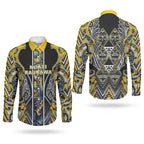 Aotearoa Ngati Raukawa Couples Matching Mermaid Dress and Long Sleeve Button Shirt Maori Tribal Yellow And Navy Paua Shell Pattern