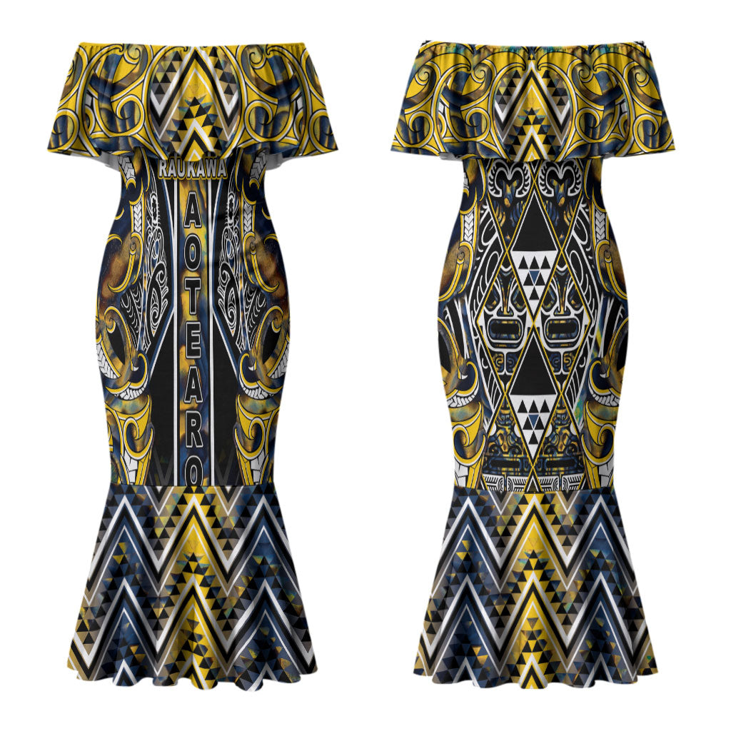 Aotearoa Ngati Raukawa Couples Matching Mermaid Dress and Long Sleeve Button Shirt Maori Tribal Yellow And Navy Paua Shell Pattern