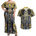 Aotearoa Ngati Raukawa Couples Matching Off Shoulder Maxi Dress and Hawaiian Shirt Maori Tribal Yellow And Navy Paua Shell Pattern