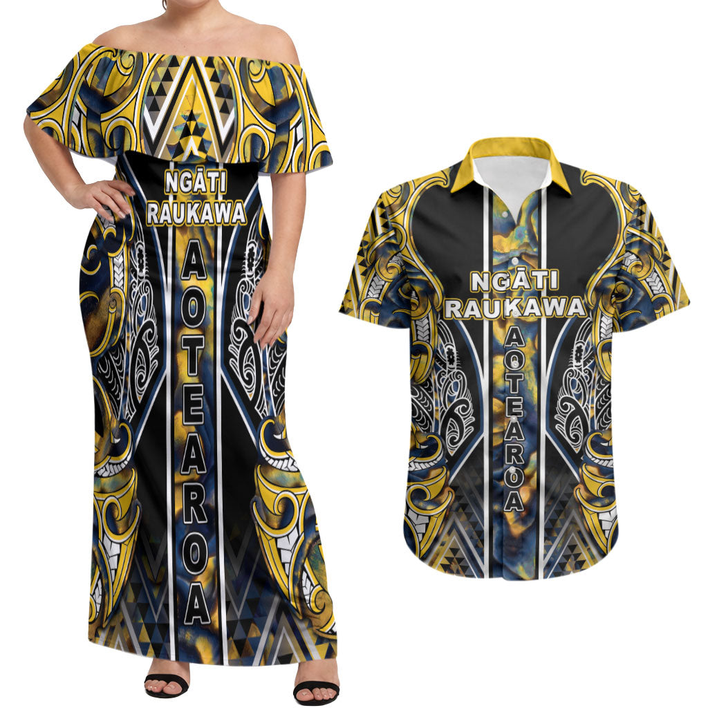 Aotearoa Ngati Raukawa Couples Matching Off Shoulder Maxi Dress and Hawaiian Shirt Maori Tribal Yellow And Navy Paua Shell Pattern