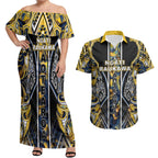 Aotearoa Ngati Raukawa Couples Matching Off Shoulder Maxi Dress and Hawaiian Shirt Maori Tribal Yellow And Navy Paua Shell Pattern