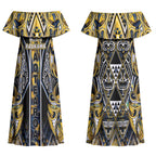 Aotearoa Ngati Raukawa Couples Matching Off Shoulder Maxi Dress and Hawaiian Shirt Maori Tribal Yellow And Navy Paua Shell Pattern