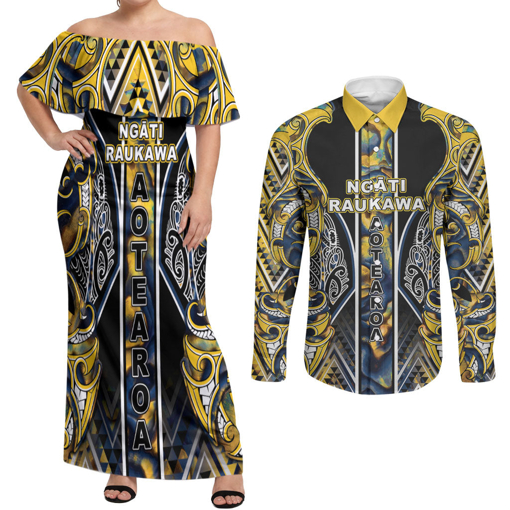 Aotearoa Ngati Raukawa Couples Matching Off Shoulder Maxi Dress and Long Sleeve Button Shirt Maori Tribal Yellow And Navy Paua Shell Pattern