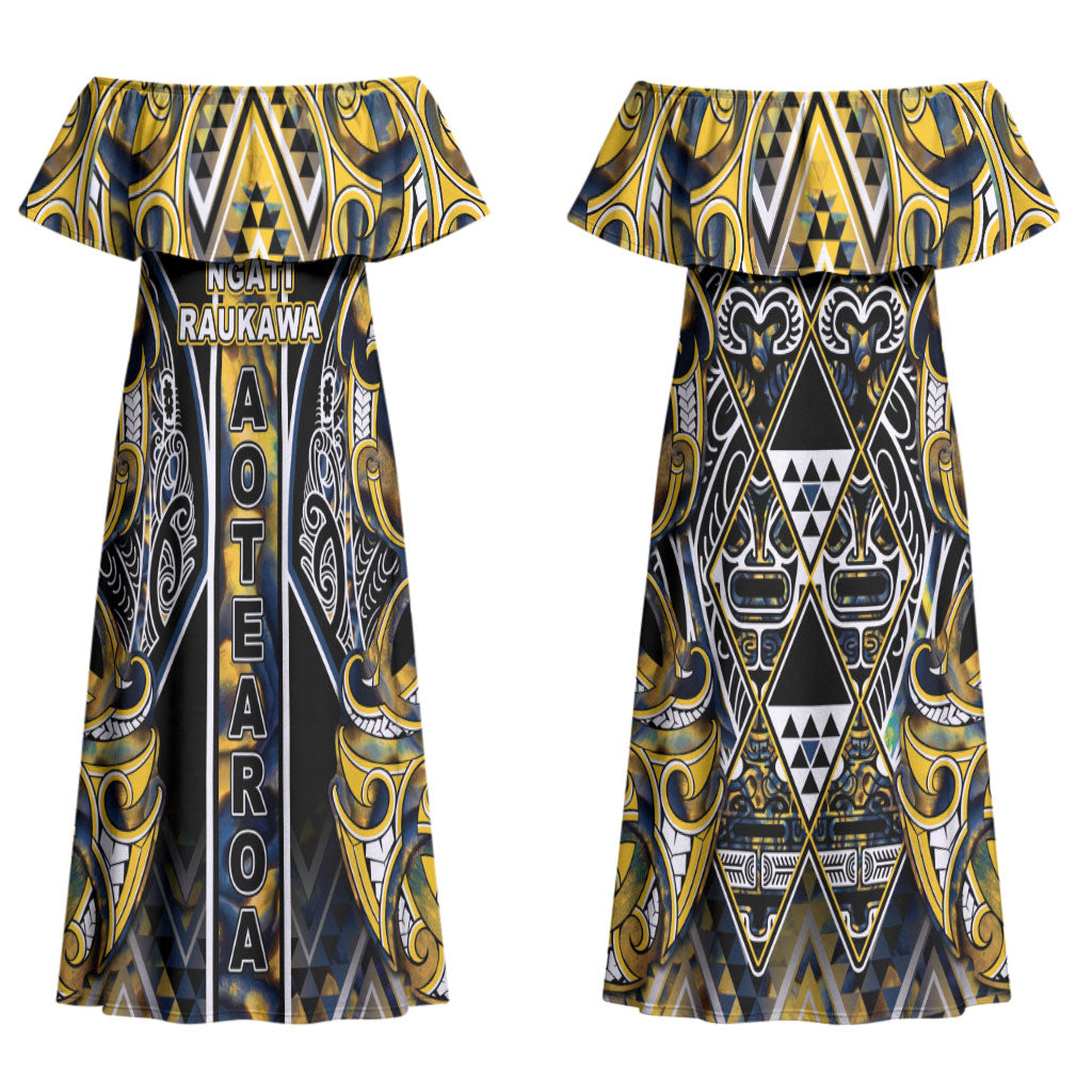 Aotearoa Ngati Raukawa Couples Matching Off Shoulder Maxi Dress and Long Sleeve Button Shirt Maori Tribal Yellow And Navy Paua Shell Pattern