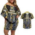 Aotearoa Ngati Raukawa Couples Matching Off Shoulder Short Dress and Hawaiian Shirt Maori Tribal Yellow And Navy Paua Shell Pattern