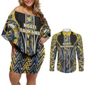 Aotearoa Ngati Raukawa Couples Matching Off Shoulder Short Dress and Long Sleeve Button Shirt Maori Tribal Yellow And Navy Paua Shell Pattern