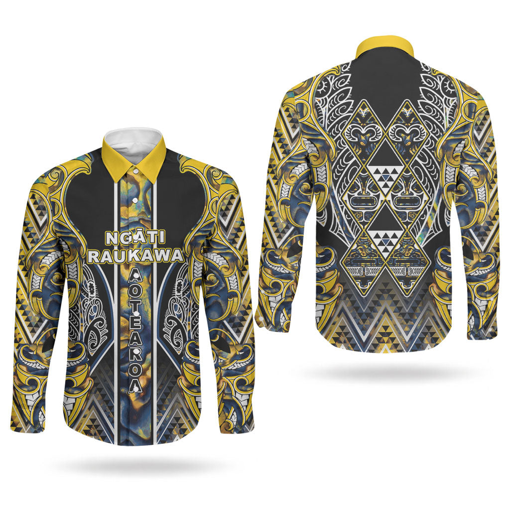 Aotearoa Ngati Raukawa Couples Matching Off Shoulder Short Dress and Long Sleeve Button Shirt Maori Tribal Yellow And Navy Paua Shell Pattern