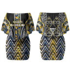 Aotearoa Ngati Raukawa Couples Matching Off Shoulder Short Dress and Long Sleeve Button Shirt Maori Tribal Yellow And Navy Paua Shell Pattern