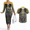 Aotearoa Ngati Raukawa Couples Matching Off The Shoulder Long Sleeve Dress and Hawaiian Shirt Maori Tribal Yellow And Navy Paua Shell Pattern
