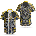 Aotearoa Ngati Raukawa Couples Matching Off The Shoulder Long Sleeve Dress and Hawaiian Shirt Maori Tribal Yellow And Navy Paua Shell Pattern