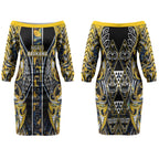 Aotearoa Ngati Raukawa Couples Matching Off The Shoulder Long Sleeve Dress and Hawaiian Shirt Maori Tribal Yellow And Navy Paua Shell Pattern