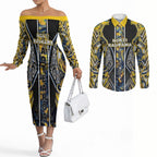Aotearoa Ngati Raukawa Couples Matching Off The Shoulder Long Sleeve Dress and Long Sleeve Button Shirt Maori Tribal Yellow And Navy Paua Shell Pattern