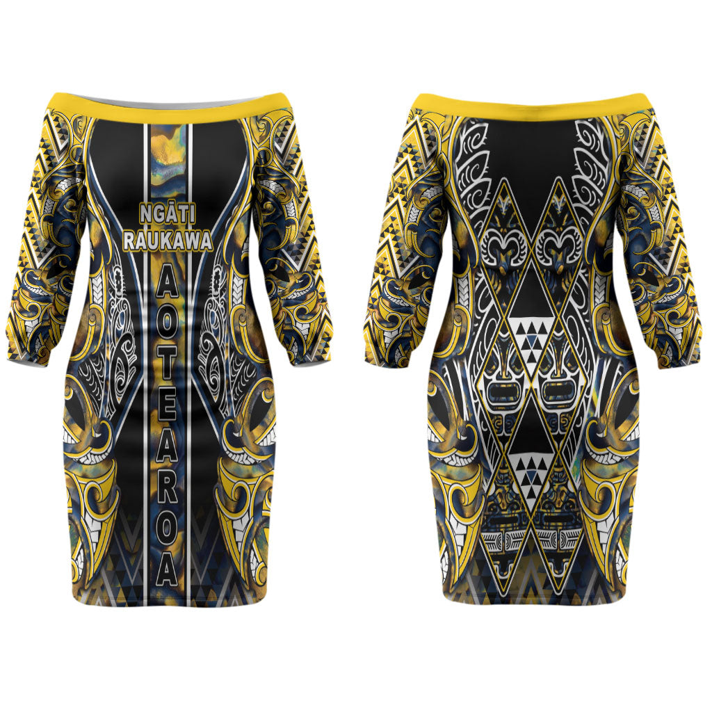 Aotearoa Ngati Raukawa Couples Matching Off The Shoulder Long Sleeve Dress and Long Sleeve Button Shirt Maori Tribal Yellow And Navy Paua Shell Pattern