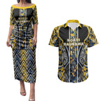 Aotearoa Ngati Raukawa Couples Matching Puletasi and Hawaiian Shirt Maori Tribal Yellow And Navy Paua Shell Pattern