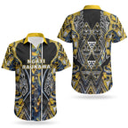 Aotearoa Ngati Raukawa Couples Matching Puletasi and Hawaiian Shirt Maori Tribal Yellow And Navy Paua Shell Pattern