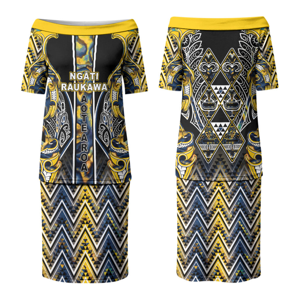 Aotearoa Ngati Raukawa Couples Matching Puletasi and Hawaiian Shirt Maori Tribal Yellow And Navy Paua Shell Pattern