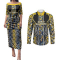 Aotearoa Ngati Raukawa Couples Matching Puletasi and Long Sleeve Button Shirt Maori Tribal Yellow And Navy Paua Shell Pattern